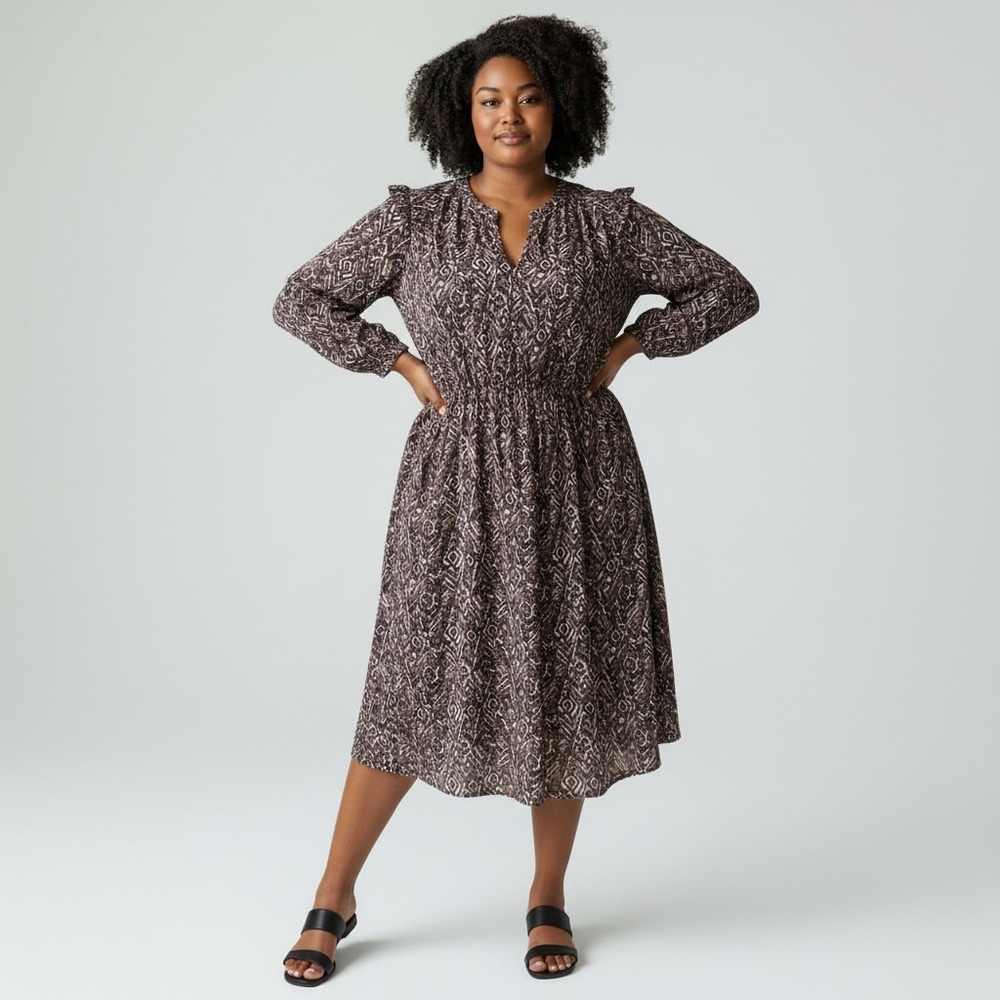 Beach Lunch Lounge Brown Geometric Ikat Print V-Neck Midi Dress XXL Office Party